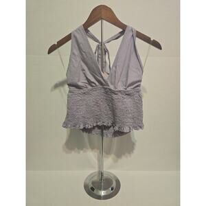 American Eagle Women's Purple Smocked Halter Top Size L Sleeveless Ruffle Hem...